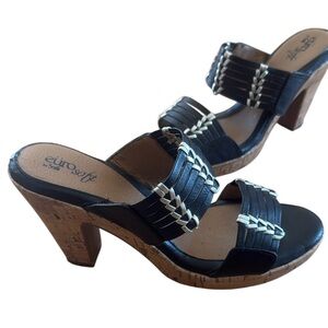 SOFFT BLACK LEATHER STUDDED SLIP ON DOUBLE STRAP MULE SANDALS CORK HEEL SIZE 9